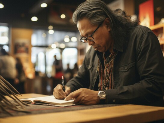 A man writing among blurred crowds, symbolising passion that survives regardless of public attention