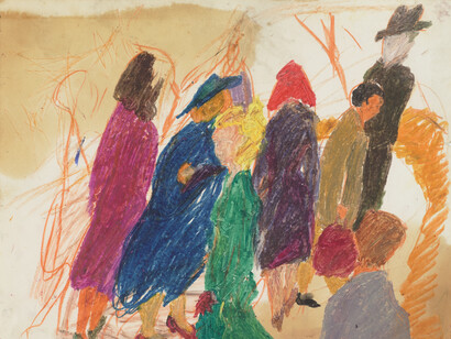 Mimi Gross, Street Scene, 1958, Oil stick on paper, 11 x 13 7/8 in. Courtesy the artist. Photo: Je rey Sturges