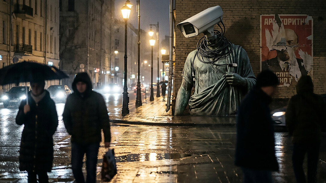 A classical bust, its human head replaced by a cold surveillance camera, stands in a rain-slicked city. The image serves as a stark metaphor for "civic death" and the replacement of democratic diplomacy with technological control