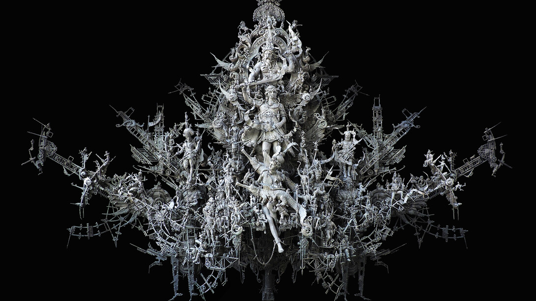 Kris Kuksi, Those Who From the Heavens Came, 2014, mixed media assemblage, 36 x 51 x 10 inches