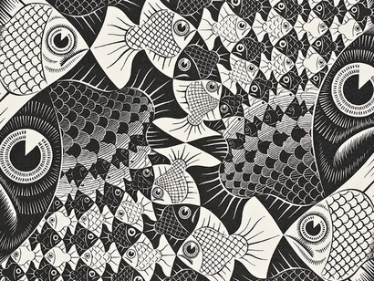 M. C. Escher, "Peces y escamas", grabado en xilografía de 1959, Galería Nacional de Arte, Washington D.C., EE.UU.
