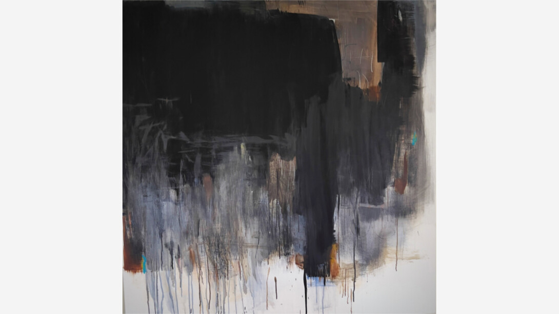 Rachel Marie, Grey Horizons, 2024, Acrylic and pastel crayons on framed canvas, 48 x 48 in. Courtesy of the artist and bG Gallery