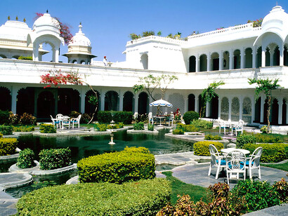 Nestled in the heart of Udaipur, Rajasthan, the courtyard of the Lake Palace Hotel exudes timeless elegance and charm, India