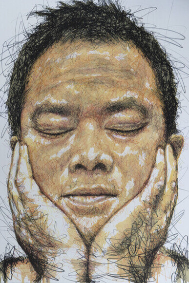 Lithographie d'Iwazaru. Cet autoportrait, publié en 2019, fait partie d'une trilogie (Iwasaru, Kikazaru, Misaru), symbole d'origine est-asiatique qui évoque la sagesse