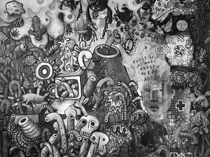 Cockwomble, 200 x 200cm, carbon ink and acrylic on paper