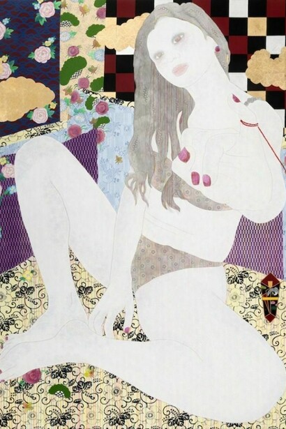 Kaoruko, Red String, 2013, Acrylic, gold leaf, embroidery thread on canvas, 100 x 74 inches (254 x 188 cm)