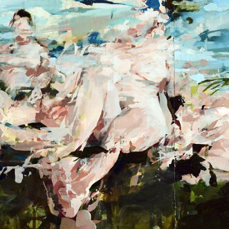 Beautiful Lades Drinking Tea in Landscape, 2015, Detail, Oil on panel,  20 x 60 inches 