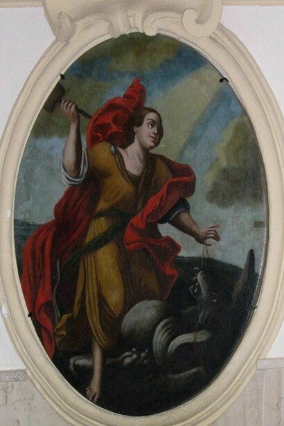 Ignoto, _Margherita di Antiochia_, max cm 110 x 82, Complesso Conventuale dei Cappuccini, Tricase, (LE). ‘Stato finale’ o al termine del restauro.  
