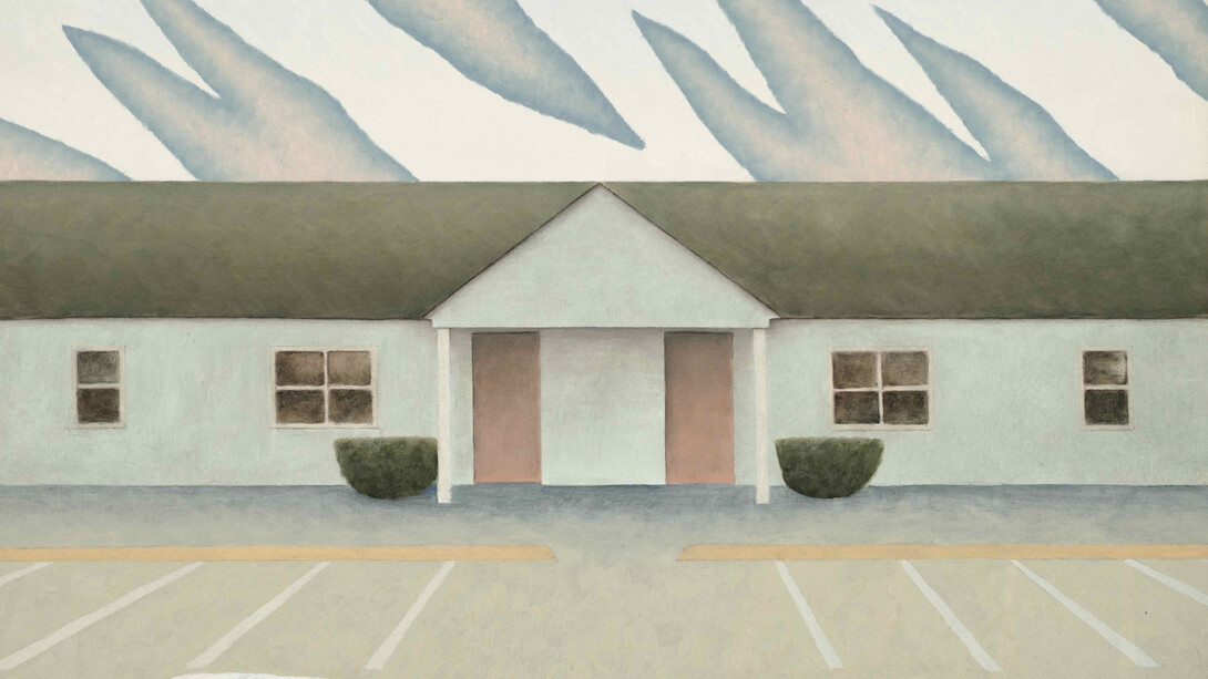 Kevin MacDonald, Motel and clouds (detail), 1986, repainted 2000. Courtesy of Hemphill