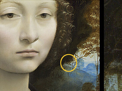 Particolare dell’impronta digitale impressa in corrispondenza degli aghi di ginepro nel dipinti di Leonardo da Vinci
