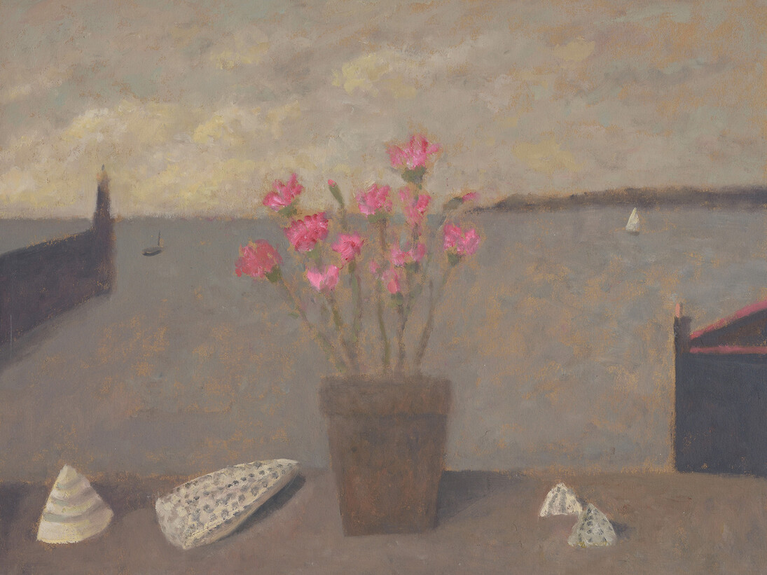 Nicholas Turner, Table with Shells and Carnations, 14x18.5 inches, Oil on Board
