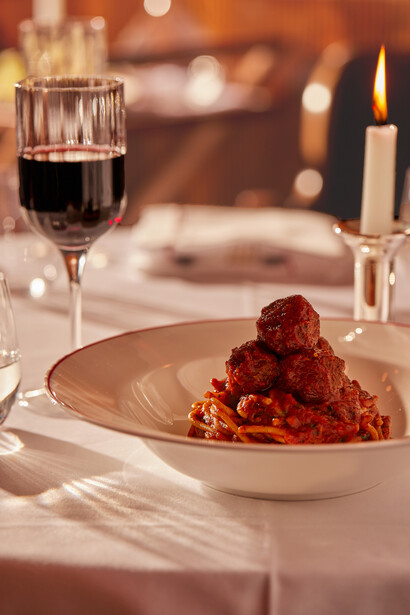 Savor the delectable flavors of spaghetti meatballs at The Dover Restaurant in London, United Kingdom