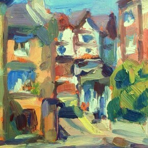 Tim Benson, View towards the Gate House pub, Highgate, oil on board, 8.5 x 10 inches
