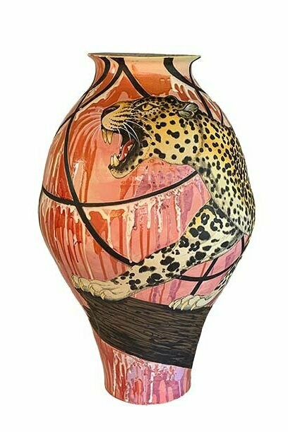 Bryan Burk, Mr. Telephone Man,
glaze, underglaze, stoneware,
36" x 24" x 24",
2024. Courtesy of the artist and Duane Reed Gallery