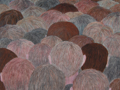 Robyn O’Neil, Crowd Scene I, 2014, graphite and oil pastel/paper, 14 1/2 x 12 1/4 in. Courtesy: Susan Inglett Gallery, NYC.