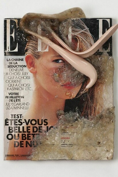 Mutation Study 93, Jan Manski, 2012 / 34 x 23 cm (13 3/8 x 9 in). Cosmetics, medical instrument, vintage magazine, tape, fat . Photo janmanski.com  
