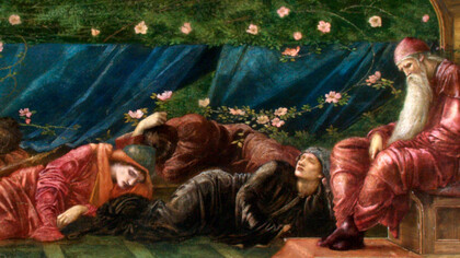 Edward Burne-Jones (1833-1898). «El rey y su corte» (serie  El rosal silvestre), de 1871 a 1872, óleo sobre lienzo. Museo de Arte de Ponce, Ponce, Puerto Rico   
