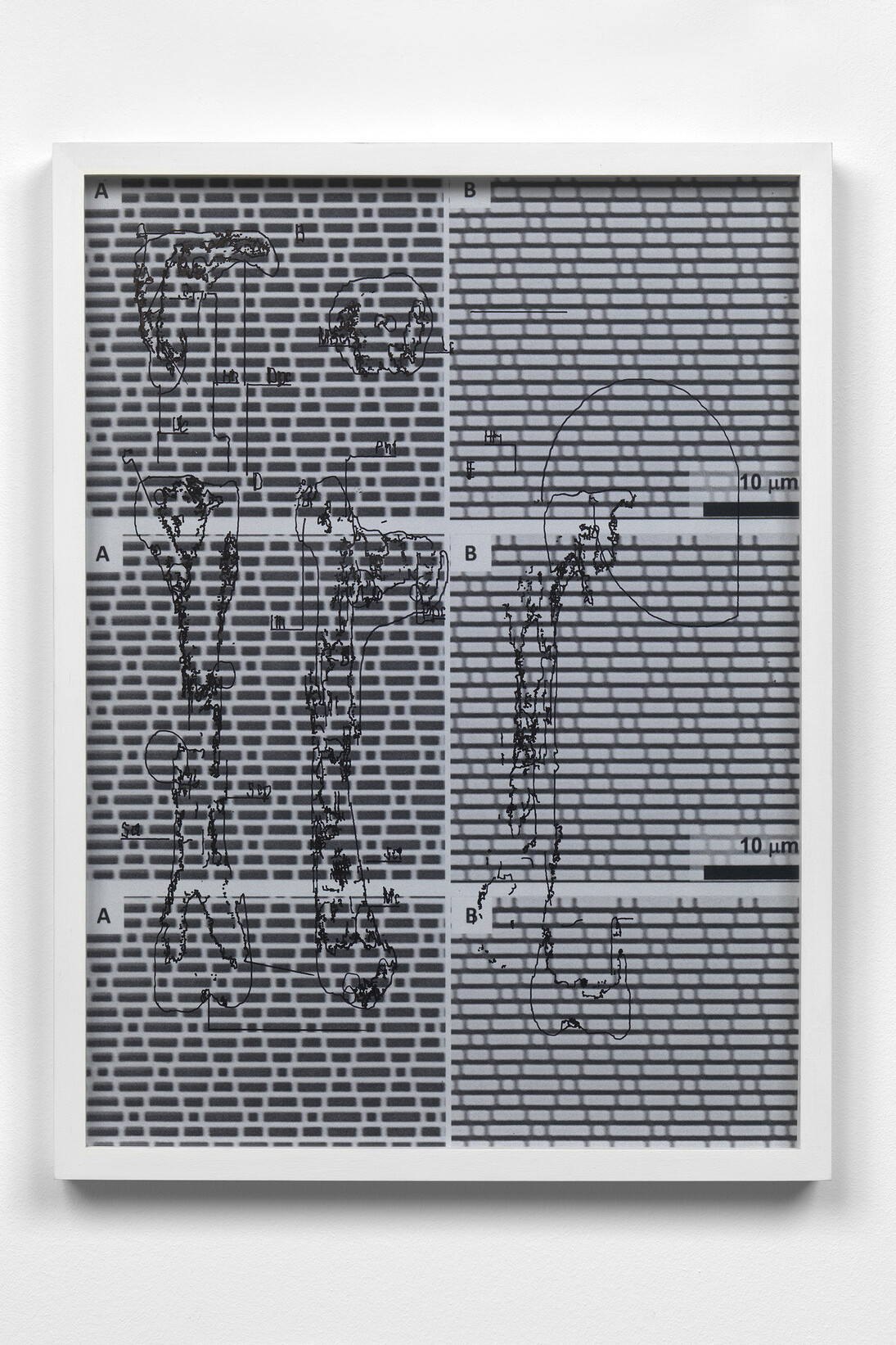 Lars Holdhus, D51D9A3A1A2B8BE166D22E705D51D0D9DE49E29A2DAF16316ED170B96B0A4F, 2014 Archival B/W print, permanent marker 30 x 40 x 3 cm / (11¾ x 15¾ x 1⅛ in), Image Courtesy of the artist and Blain|Southern. Photo: Todd White, 2014