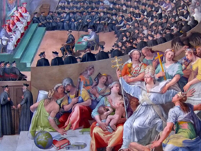 En la retina de no pocos españoles queda, también, la imagen de una Iglesia que dio amparo a una cohorte de asesinos que tuvieron la desfachatez de desfilar bajo palio en no pocas procesiones y actos celebrados por esa Iglesia. Pasquale Cati (1550–1620) "Concilio deTrento", pintura.1588. Santa María en Trastevere, Roma, Italia