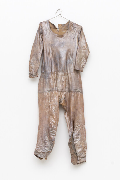 Heidi Bucher (1926-1993), Der Schlüpfakt der Parkettlibelle, 1983, Undergarment, latex and mother of pearl pigment, 142 x 55 cm | 56 x  21 5/8 in. © The Heidi Bucher estate 2017. Courtesy The Approach, London Photo: FXP Photography.
