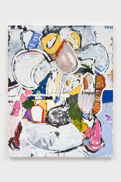 Eddie Martinezm, New Growth
2023. Oil, acrylic paint and footprint on linen
60 by 48 in. 152.4 by 121.9 cm.© Eddie
Martinez. Courtesy of the artist and Mitchell-Innes & Nash, New York.