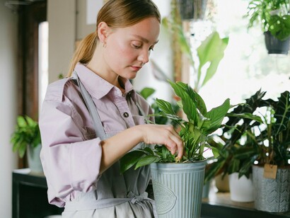 A woman tending to the plants in her home, showing how even a pot of earth can serve as a vessel for rebuilding memory and hope