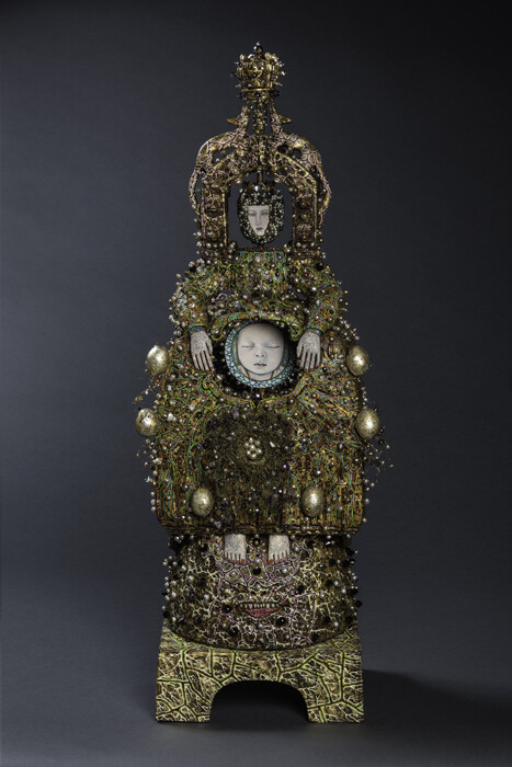 Divorced Beheaded Died, 2015. Richard Cleaver (born 1952). Hand-built ceramic, wood, freshwater pearls, quartz, Swarovski crystals, metal, gold leaf, painted in oil, 26 × 8 × 7 inches. Courtesy of the artist. Photograph by Dan Meyers. © Richard Cleaver.
