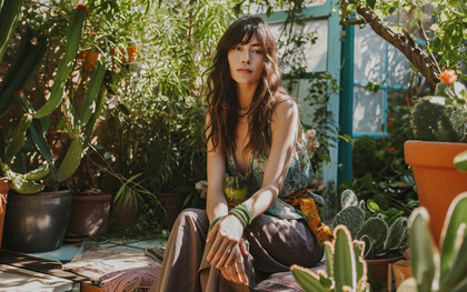 A woman surrounded by layered foliage and quiet air, representing the slow, unseen shifts within identity