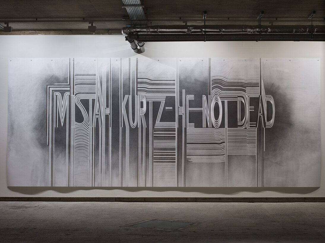 Fiona Banner, Mistah Kurtz - He Not Dead 2015, Graphite on paper, 235 x 573 x 0.2 cm, Courtesy the artist and Frith Street Gallery, London 
