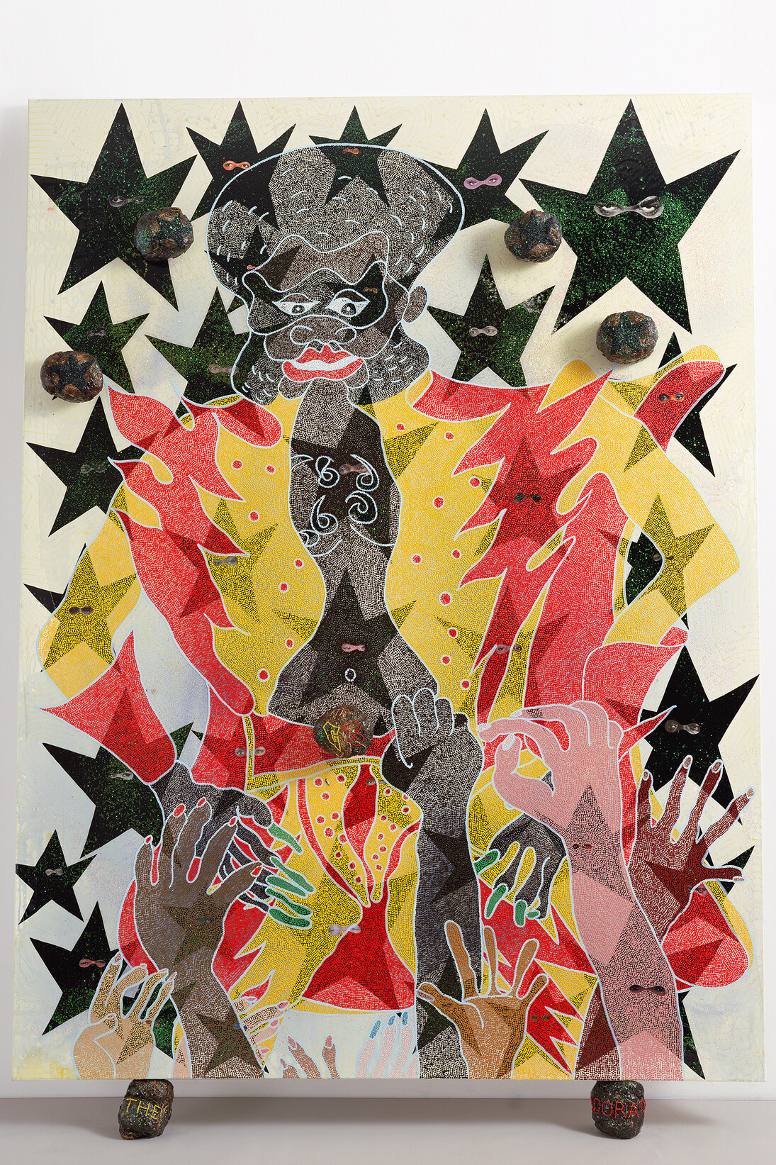 Chris Ofili, The Adoration of Captain Shit and the Legend of the Black Stars (Third Version), 1998. Oil, acrylic, polyester resin, paper collage, glitter, map pins, and elephant dung on linen, 96 x 72 in (243.8 x 182.8 cm). Courtesy the artist, David Zwirner, New York/London, and Victoria Miro, London. ©Chris Ofili