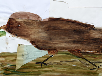 Rose Wylie, Small Running Bird on a Branch (detail), 2012, Watercolor and collage on paper, 33 x 22.75 in (83.8 x 57.8 cm). Courtesy of the Artist and Thomas Erben Gallery, New York