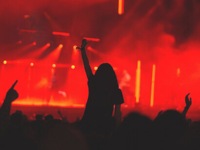 In this mesmerizing silhouette photo, a sea of people stands in awe, their darkened outlines against the vibrant stage lights, all eyes fixated on the DJ's performance, immersed in the electrifying energy of the music 