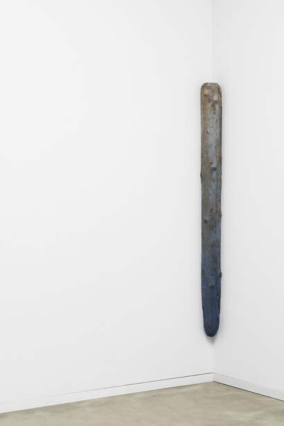 Olafur Eliasson, Drifting corner (polar sea dark blue), 2018, Driftwood, watercolor (dark blue) 82 1/4 x 6 5/8 x 6 5/8 inches; 209 x 17 x 17 cm. Courtesy the artist and Tanya Bonakdar Gallery, New York / Los Angeles