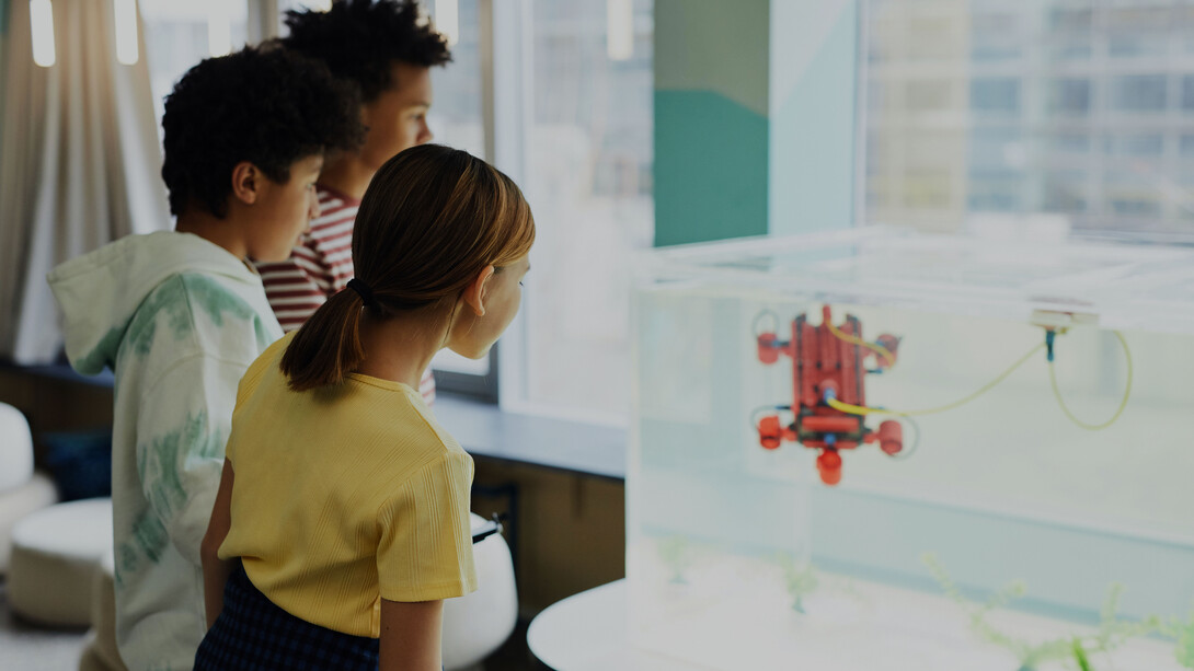 Alunos em um laboratório de ciências observam uma amostra 