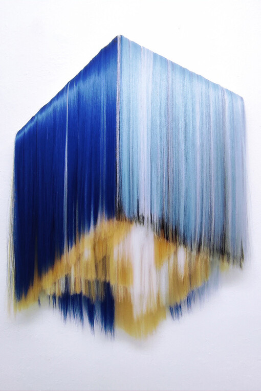Hiva Alizadeh, Untitled-light blue 2021 Synthetic Hair on Canvas 90x68x5 cm. Courtesy of The Flat