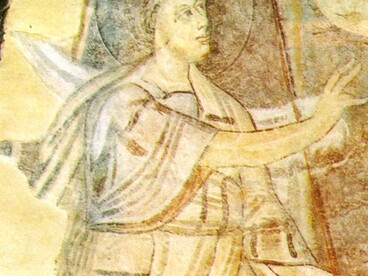 Chiesa di Santa Sofia, affresco dell'Annunciazione a San Zaccaria, particolare. Benevento, Italia