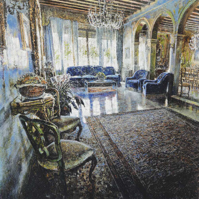 Raffaele Minotto, A593, Salotto blu, 2019, olio su tavola, 70 x 70 cm