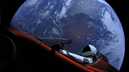 An astronaut riding a Tesla Roadster in space, the Earth serving as background