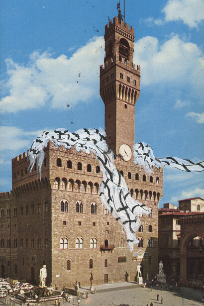 Eugenio Espinoza, Florencia, 1973, Softcover book, New Artistic Tourist Guide of Florence (1972), page 21, Acrylic and ink on paper, Courtesy Centro de estudios de archivos audiovisuales y artísticos, Caracas