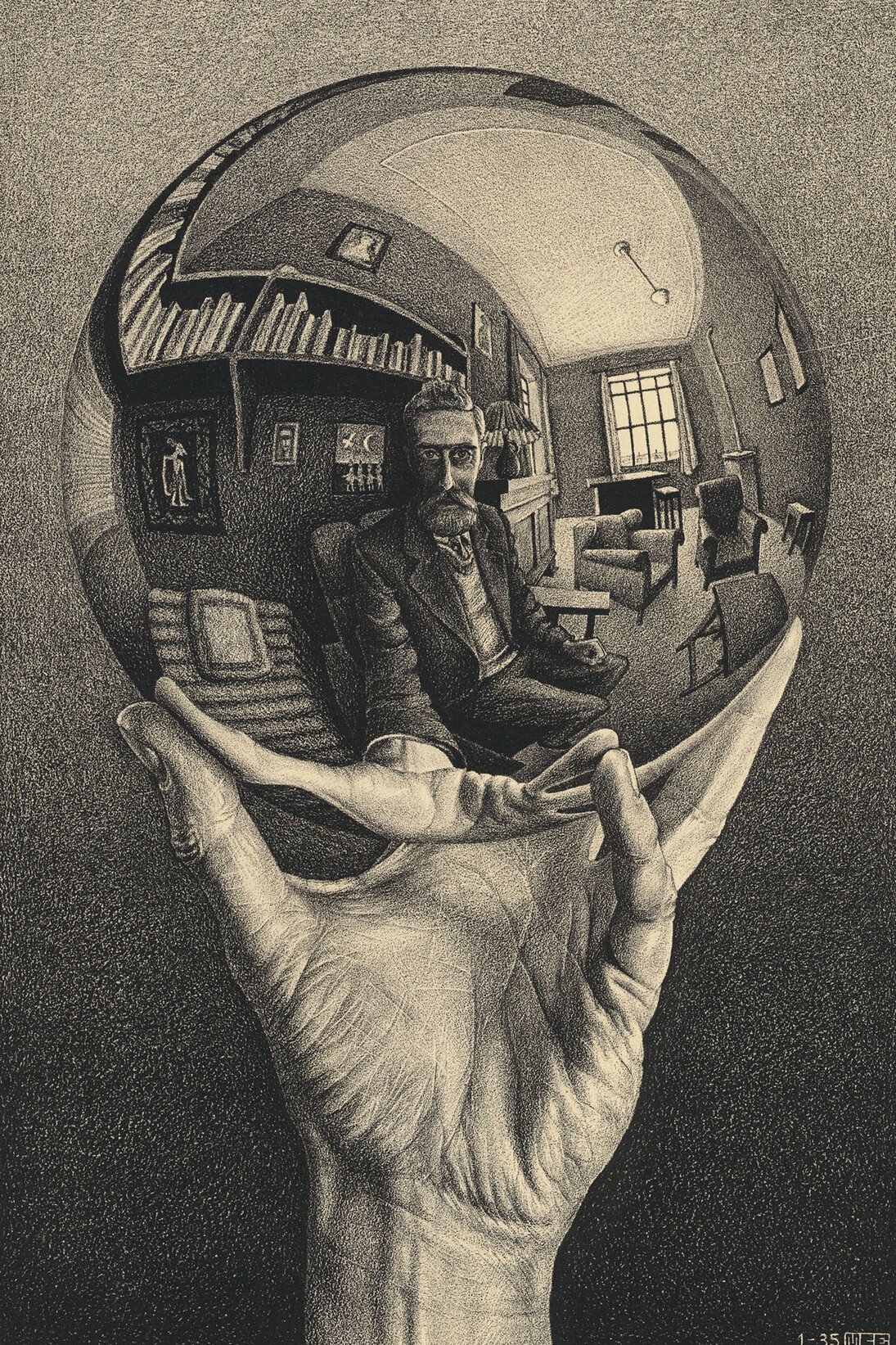 M.C. Escher, Hand with a Reflecting Sphere, 1935, Lithograph, 31.8 x 21.34 cm, Gemeentemuseum Den Haag. All M.C. Escher works copyright © The M.C. Escher Company B.V. -Baarn-the Netherlands. All rights reserved. www.mcescher.com