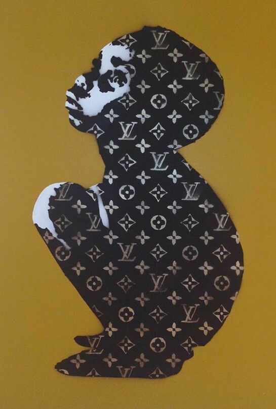 Beejoir, LV Child, Mustard Yellow Canvas, Acrylic/Spraypaint Stencil on Canvas, Unique, Signed, 30 x 20 inches, 2006