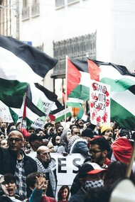 Une foule de manifestants avec des drapeaux palestiniens