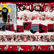 american Juju for the Tapestry of Truth, 2015, Mixed media on a textile impregnated on the spot in Staten Island where Eric Garner died while being placed under arrest. Created by artists from the Harlem Needle Arts cultural arts institute: Sahara Briscoe, Laura R. Gadson, and Jerry Gant, under the direction of Michelle Bishop, 66 x 98 inches