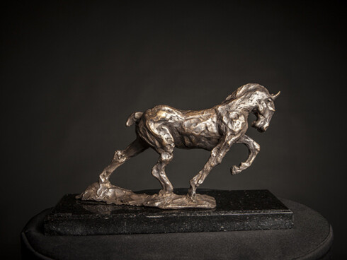 Mim Scala, Work Horse, 2014, Bronze on black Kilkenny marble base, 8 ½ x 13 x 5 in / 22 x 34 x 13 cm, Edition of 10, courtesy of Eleven, London
