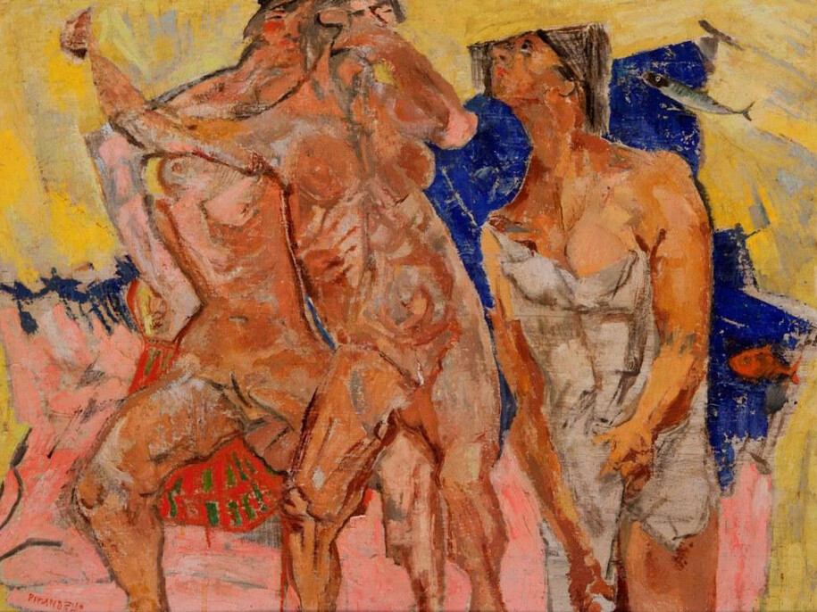 Fausto Pirandello, Bagnanti, 1949, olio su cartone