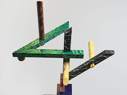 Coco Crampton, Bower, 2016, wood, mdf, glazed ceramic, copper, oil paint, 189 x 70 x 45 cm. Courtesy of Belmacz Gallery
