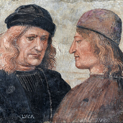 Luca Signorelli (attribuito), Autoritratto e ritratto di ser Niccolò di Angelo (Franchi), recto, 1504 ca., affresco su lastra in laterizio, Orvieto, Museo dell’Opera del Duomo