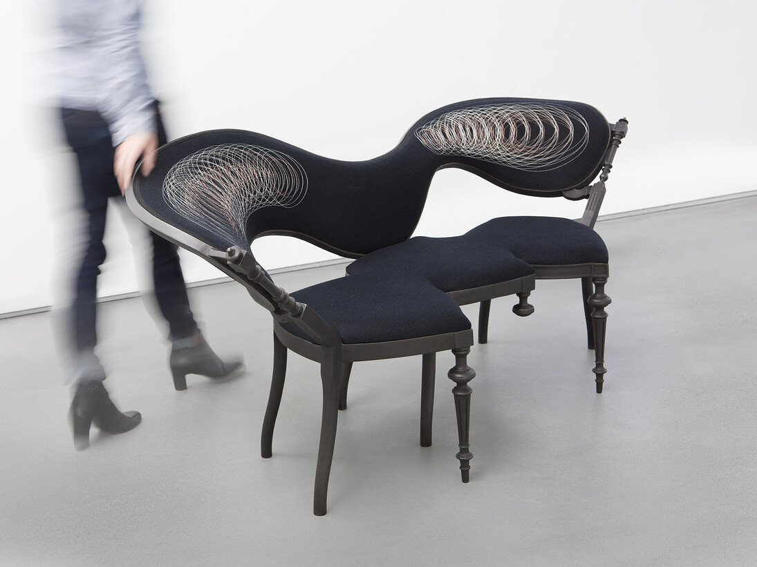 Sebastian Brajkovic, Conversation Piece, 2015, patinated bronze, cashmere wool, silk embroidery, h81 l181 w80 cm / h33.8 l73.03 w33.7 in, limited edition of 8 + 4 ap, Courtesy Carpenters Workshop Gallery