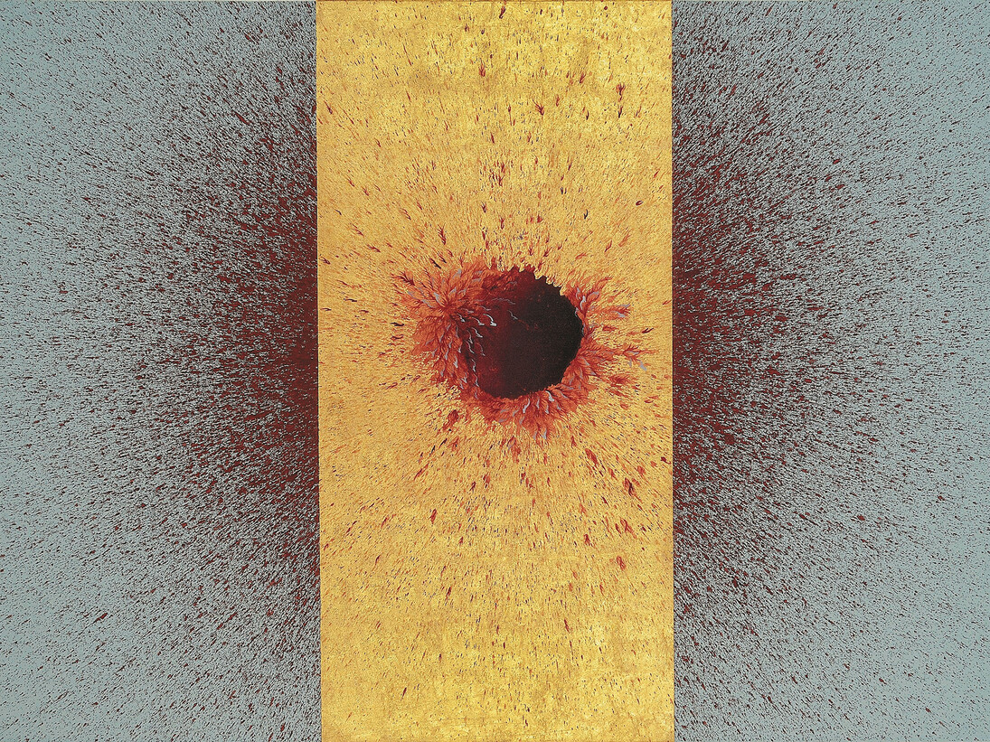 Imran Qureshi, This Leprous Brightness, 2015, Emulsion, acrylic paint and gold leaf on canvas, 137,2 x 198,1 cm (54 x 78 in), Courtesy Galerie Thaddaeus Ropac Paris/Salzburg. Photo: Usman Javed