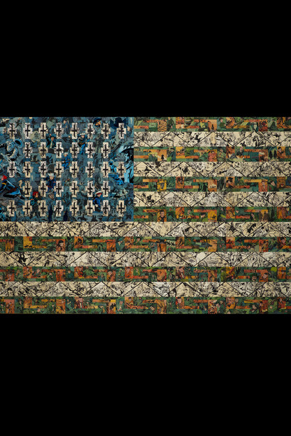 How The West Was Won, Its A Lie But Its Made To Sound Like Fun, 85 x 126 cm, comic collage on wood, 2018 (no border) 